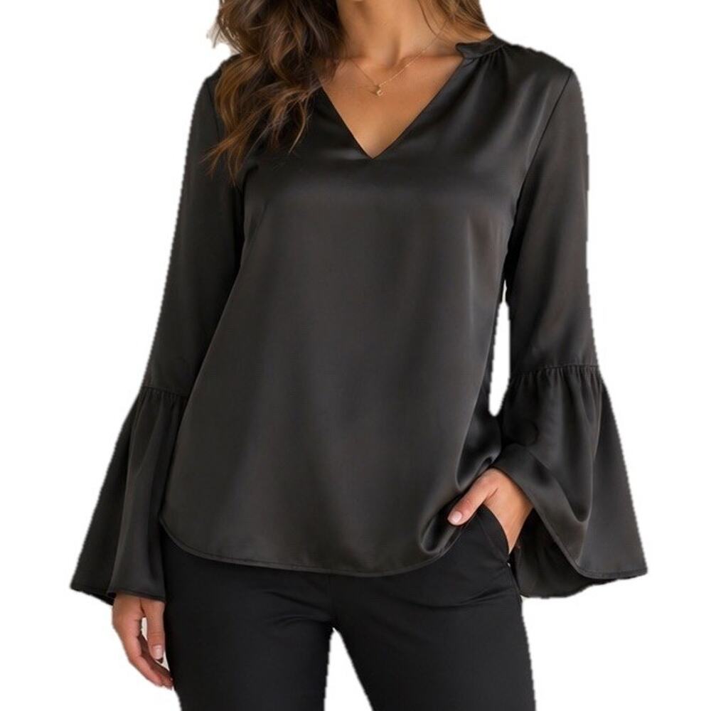 J.Crew 100% Silk Bell Sleeve Blouse Womens 8 Black Dressy Career Top